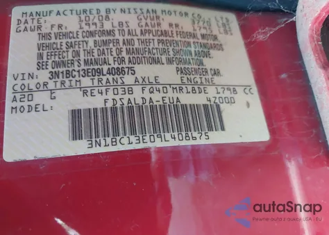 2009 Nissan Versa 1.8S z USA, uszkodzony, nr VIN 3N1BC13E09L408675